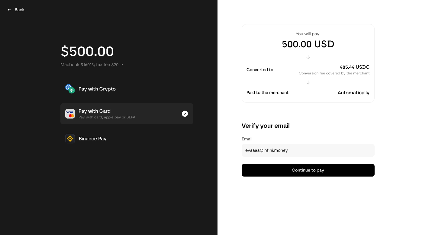 Infini-Checkout-Zahlungsansicht am Desktop