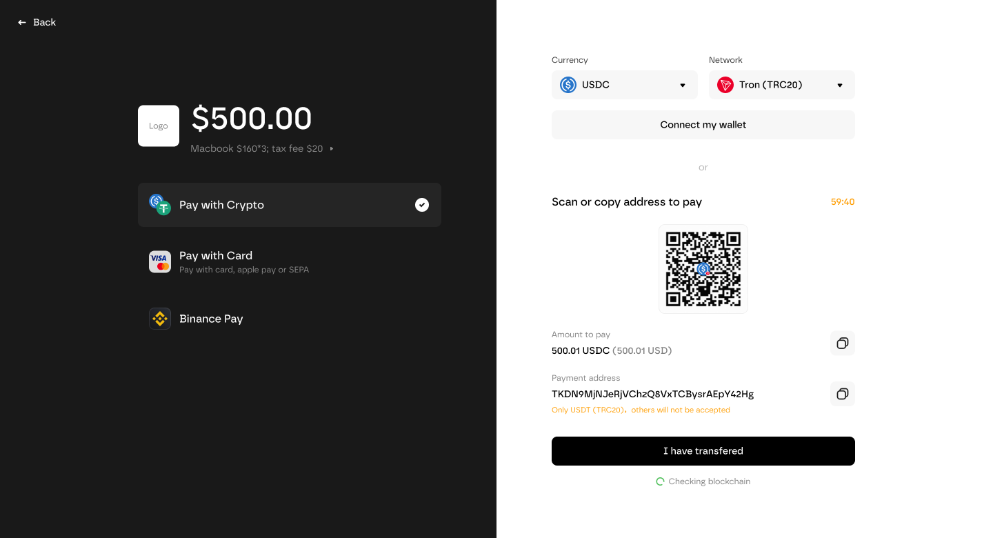 Infini-Kryptozahlungsansicht mit Wallet- und Netzwerkauswahl