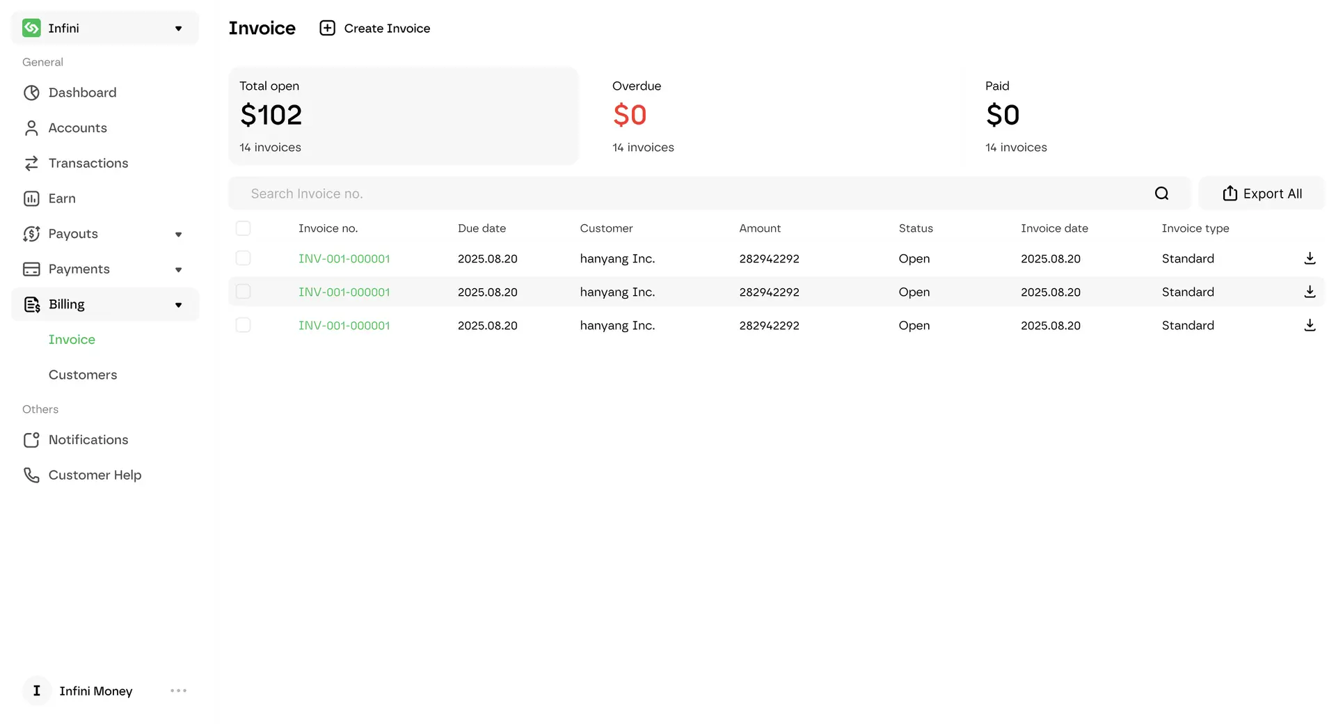Infini-factuurdashboard met totalen, factuurlijst en betaalstatussen